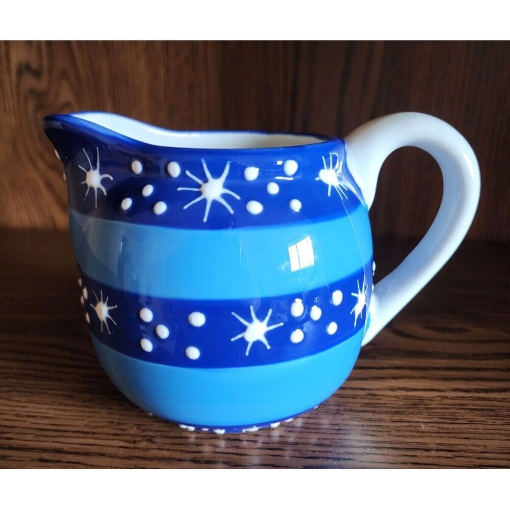Pfaltzgraff Ice Crystals Creamer Bowl Dish Blue Stripe Snowflake Hand Painted